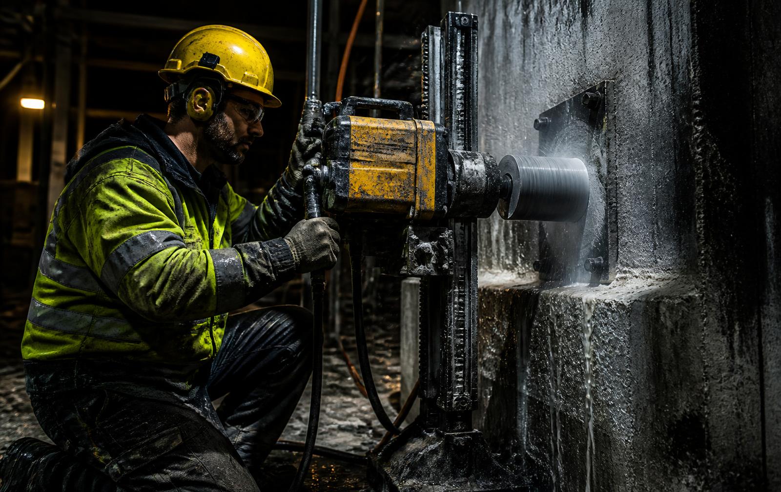 Beton duvarda hidrolik karot delme makinesiyle çalışan usta
